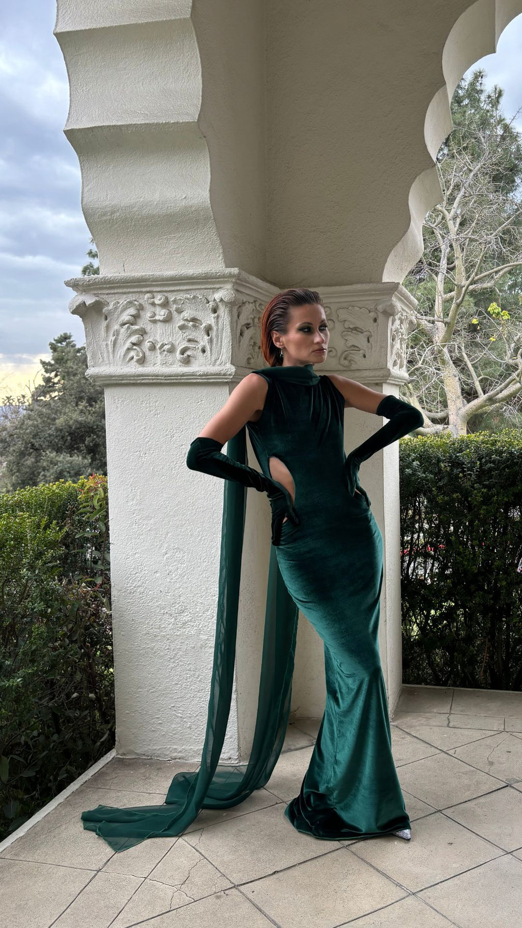 Emerald green velvet gown