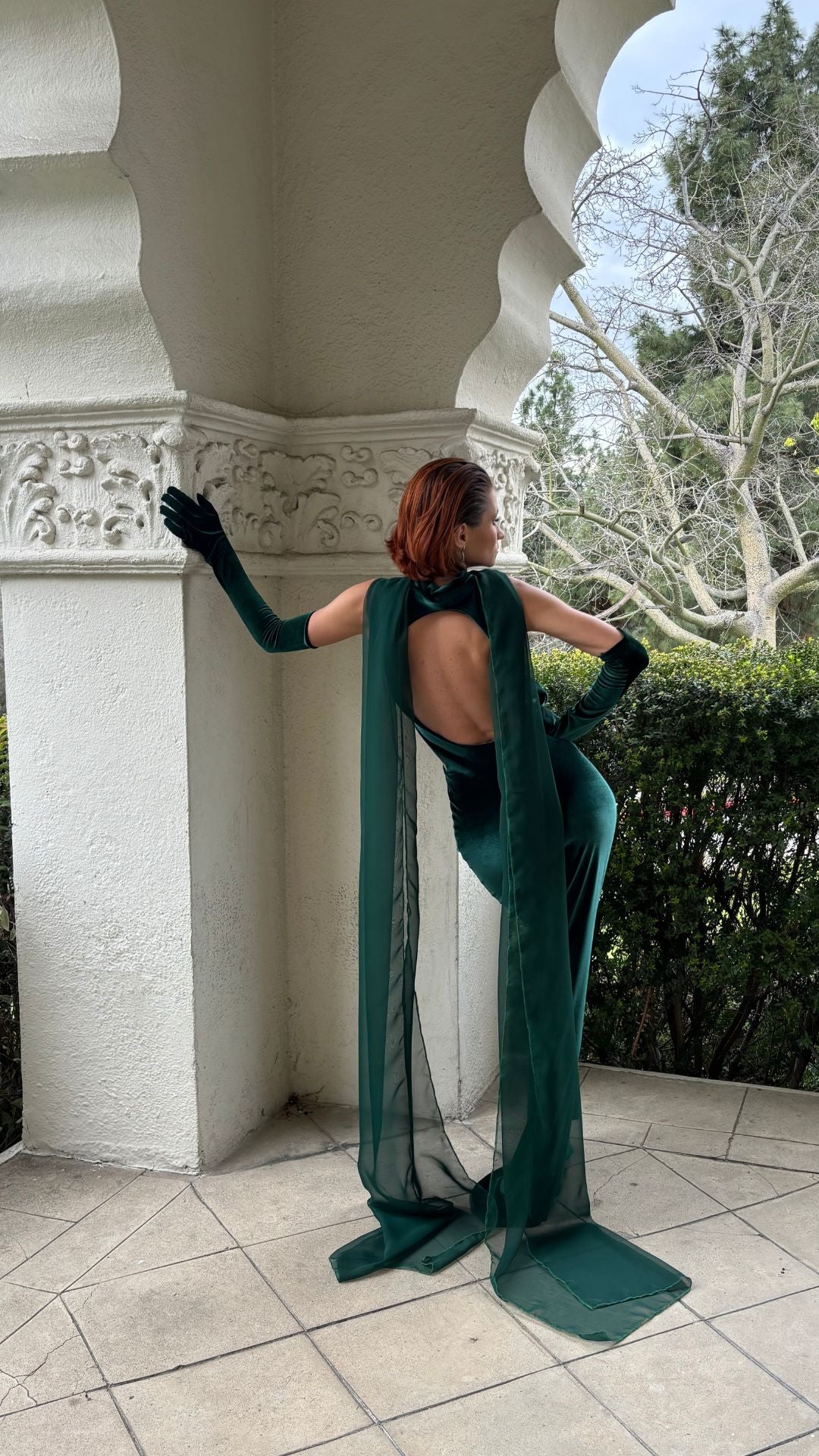 Emerald green velvet gown