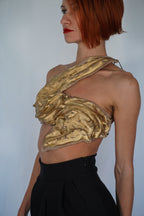Golden one shoulder wet look corset