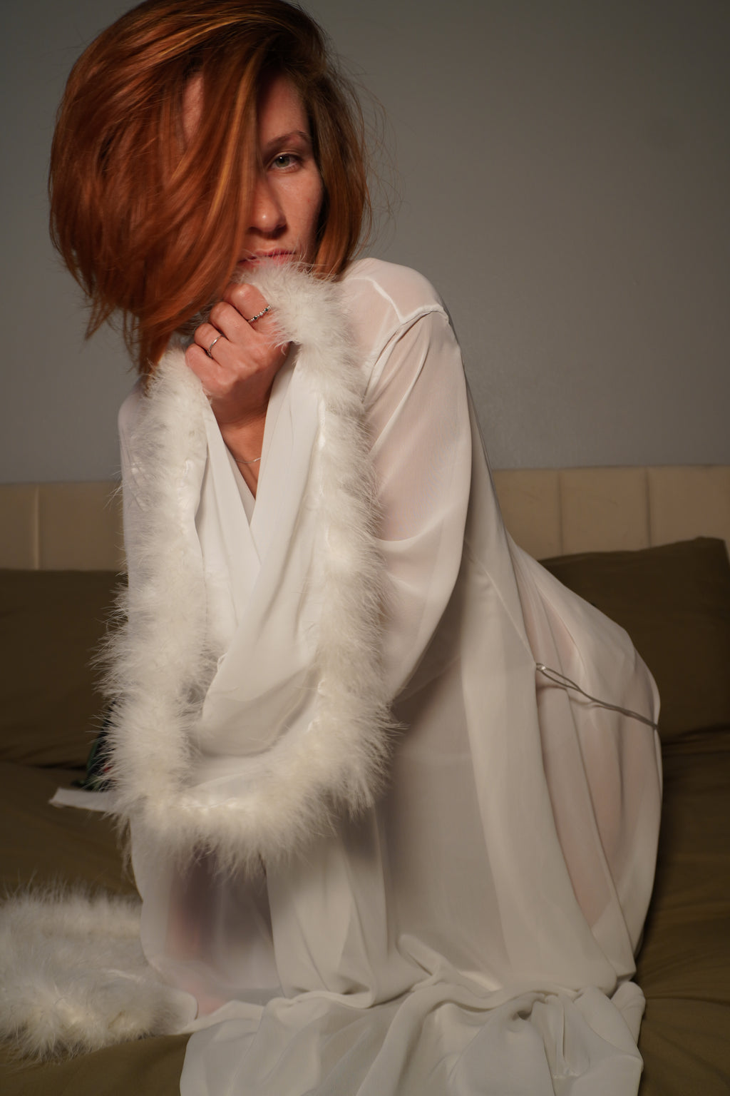 White chiffon robe with feathers