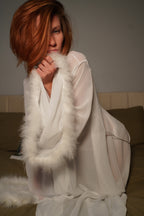White chiffon robe with feathers