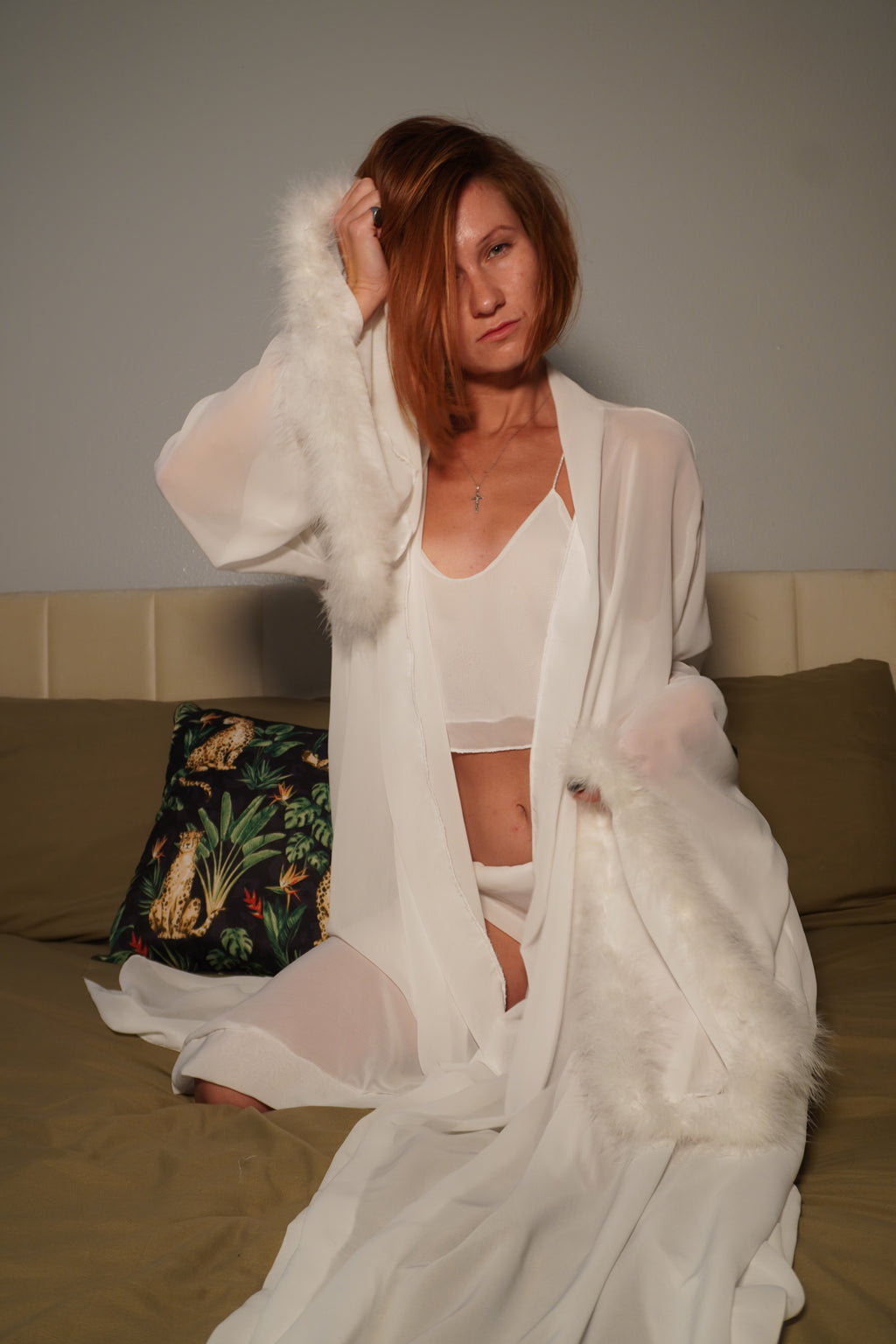 White chiffon robe with feathers