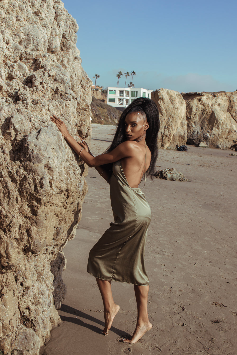 Olive backless slip dress